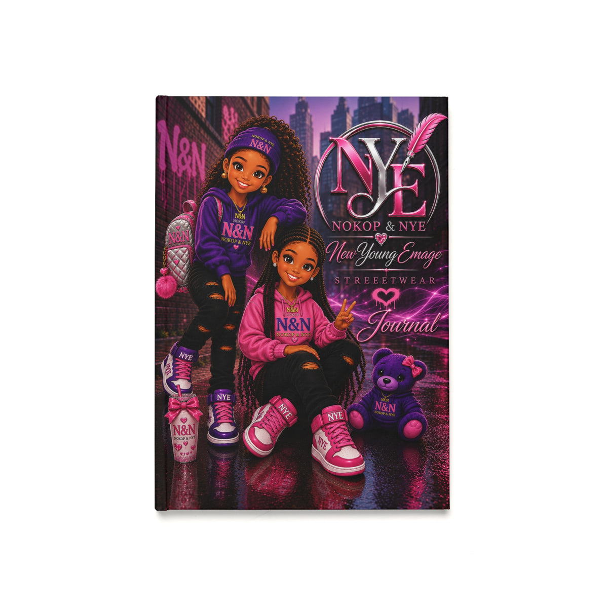 NYE Urban Pink Sisters Illustration & Vibrant Purple Wave A5 Hardcover Journal