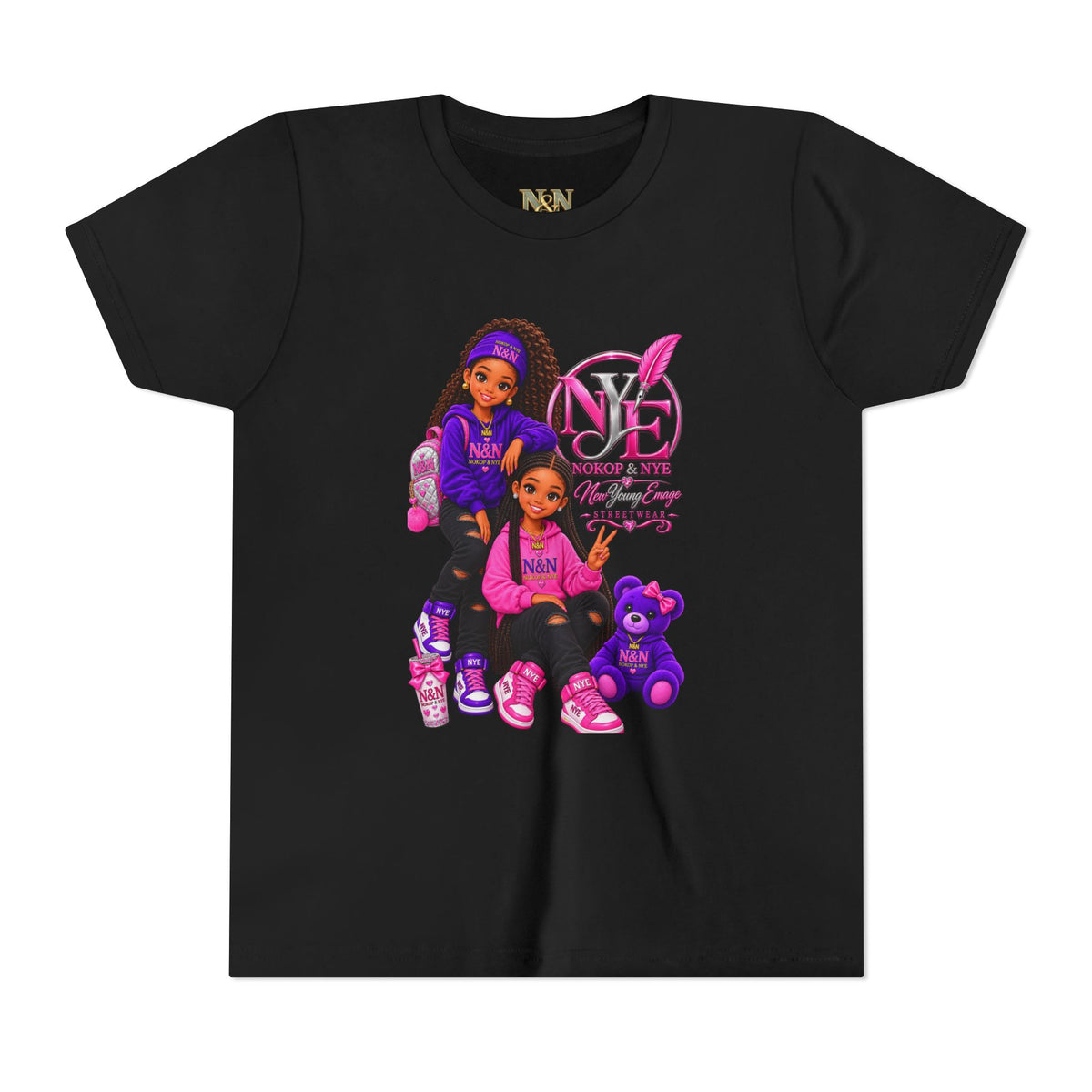 Youth Tee — Pink 'NOKOP & NYE' Streetwear Graphic Tee for Girls