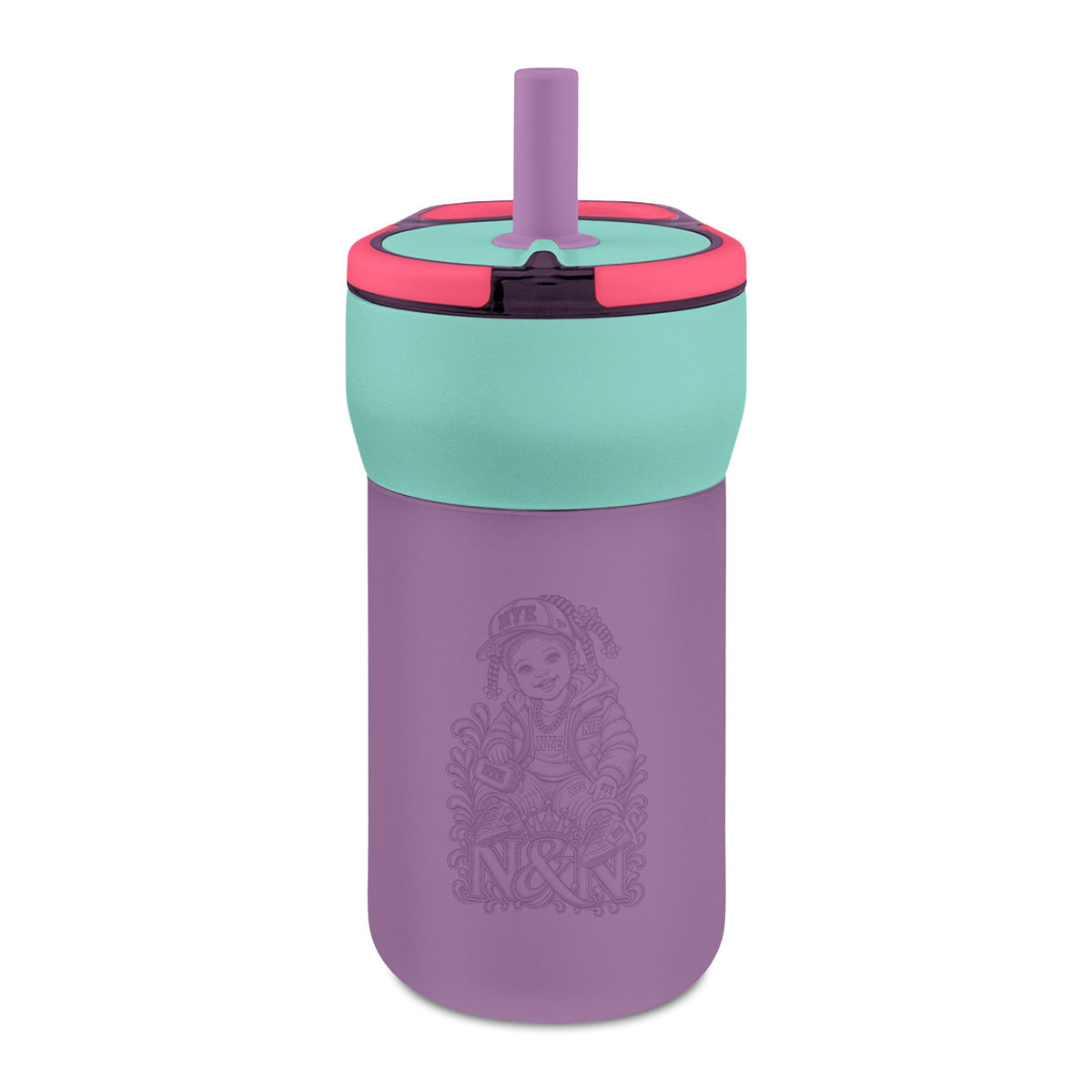 NYE Kids 12oz Leakproof Straw Tumbler — Engravable Pink & Purple Stainless Bottle