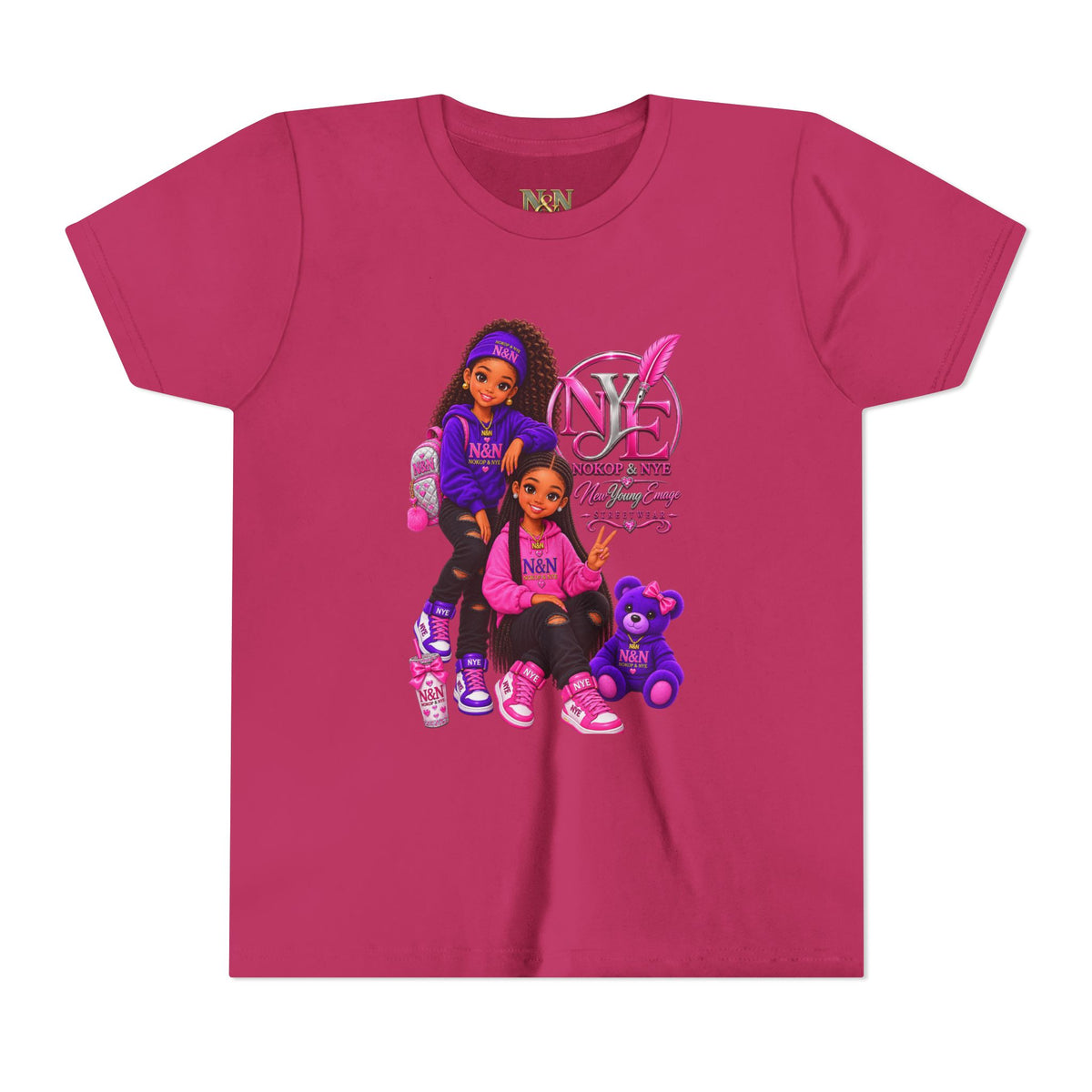 Youth Tee — Pink 'NOKOP & NYE' Streetwear Graphic Tee for Girls