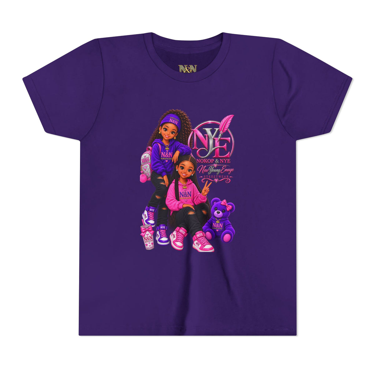 Youth Tee — Pink 'NOKOP & NYE' Streetwear Graphic Tee for Girls