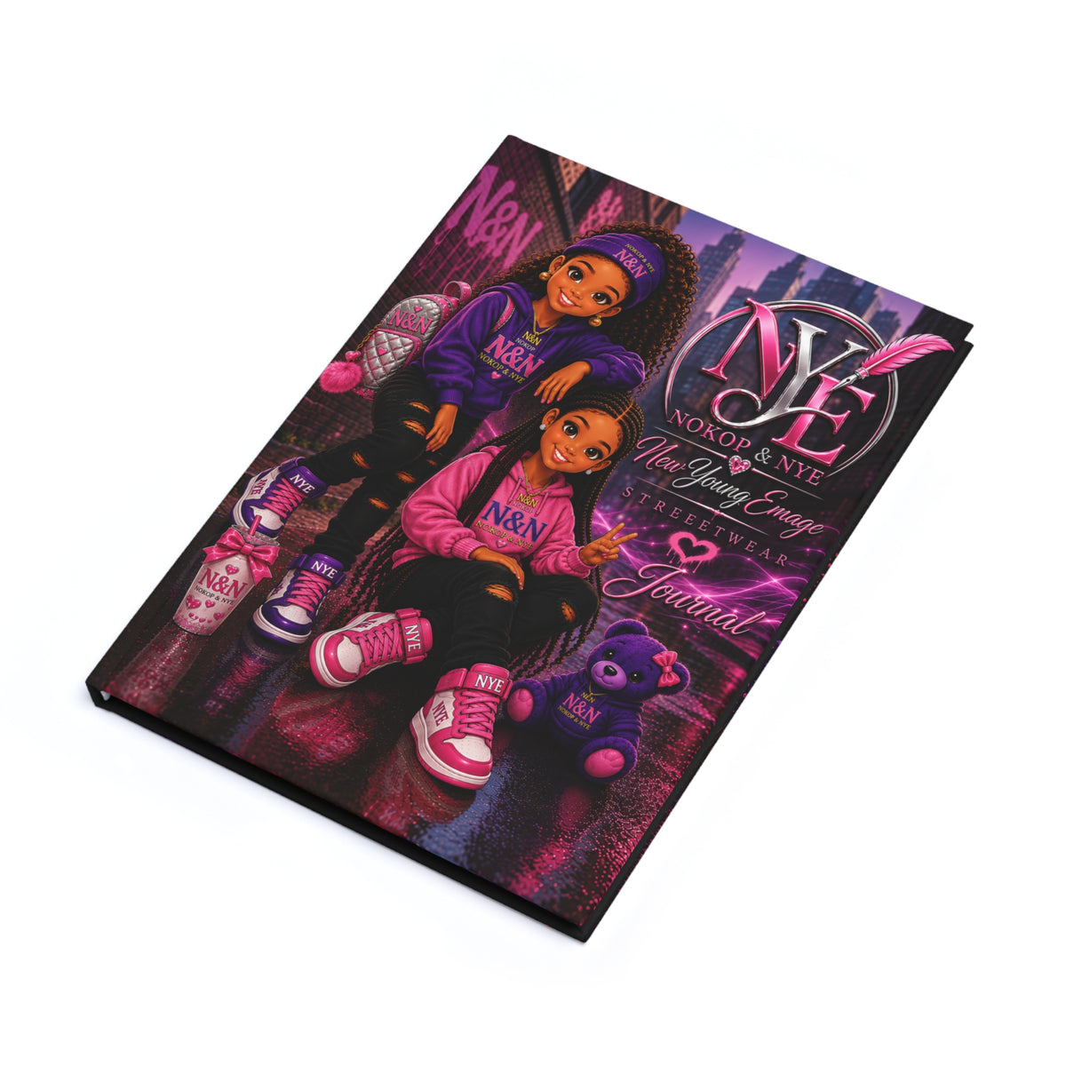 NYE Urban Pink Sisters Illustration & Vibrant Purple Wave A5 Hardcover Journal