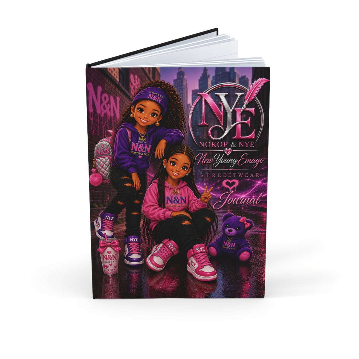 NYE Urban Pink Sisters Illustration & Vibrant Purple Wave A5 Hardcover Journal